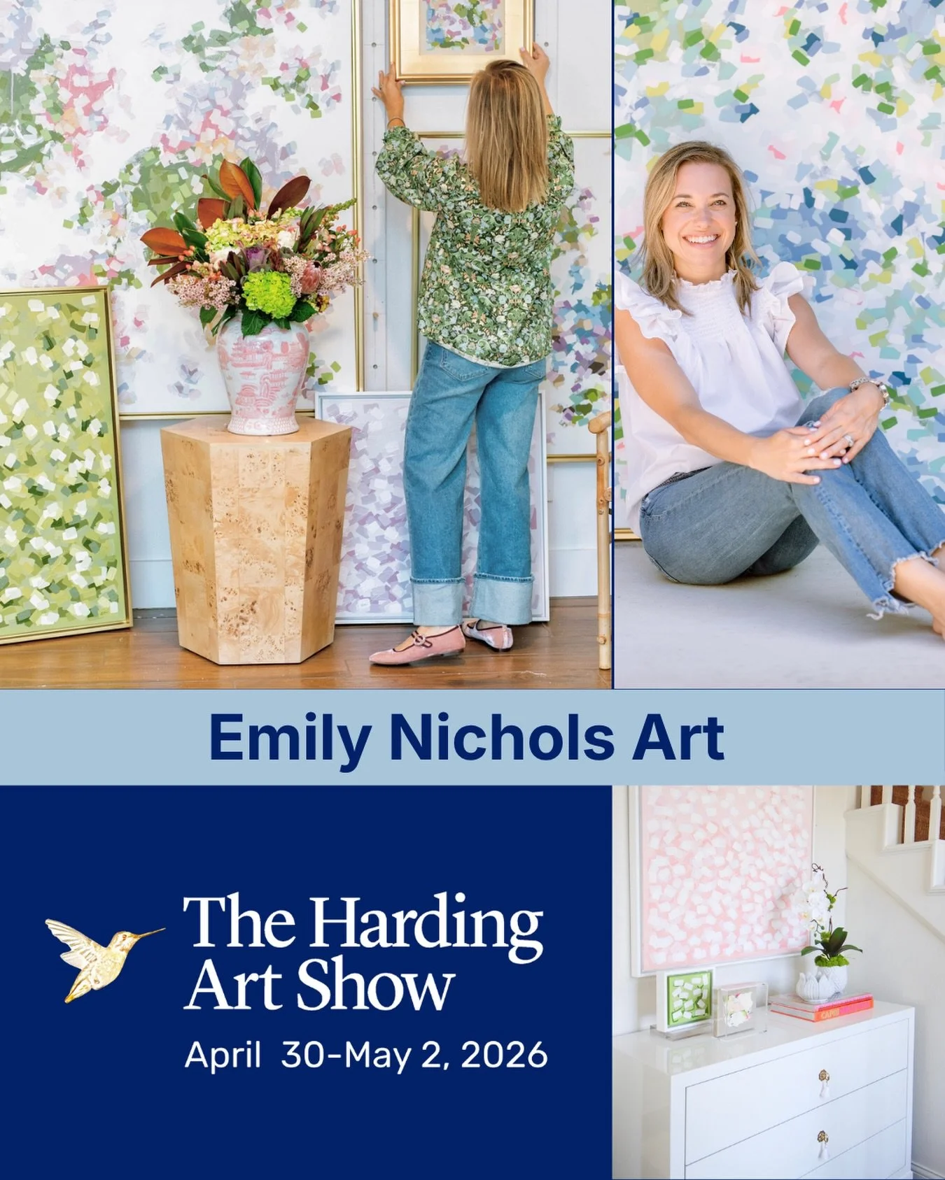 Emily Nichols @emilynichols.art is an abstract artist based in Fort Worth, TX, where she lives with her husband and three children. Her signature confetti-style artwork is inspired by color, movement, and the beauty of everyday life, created with the