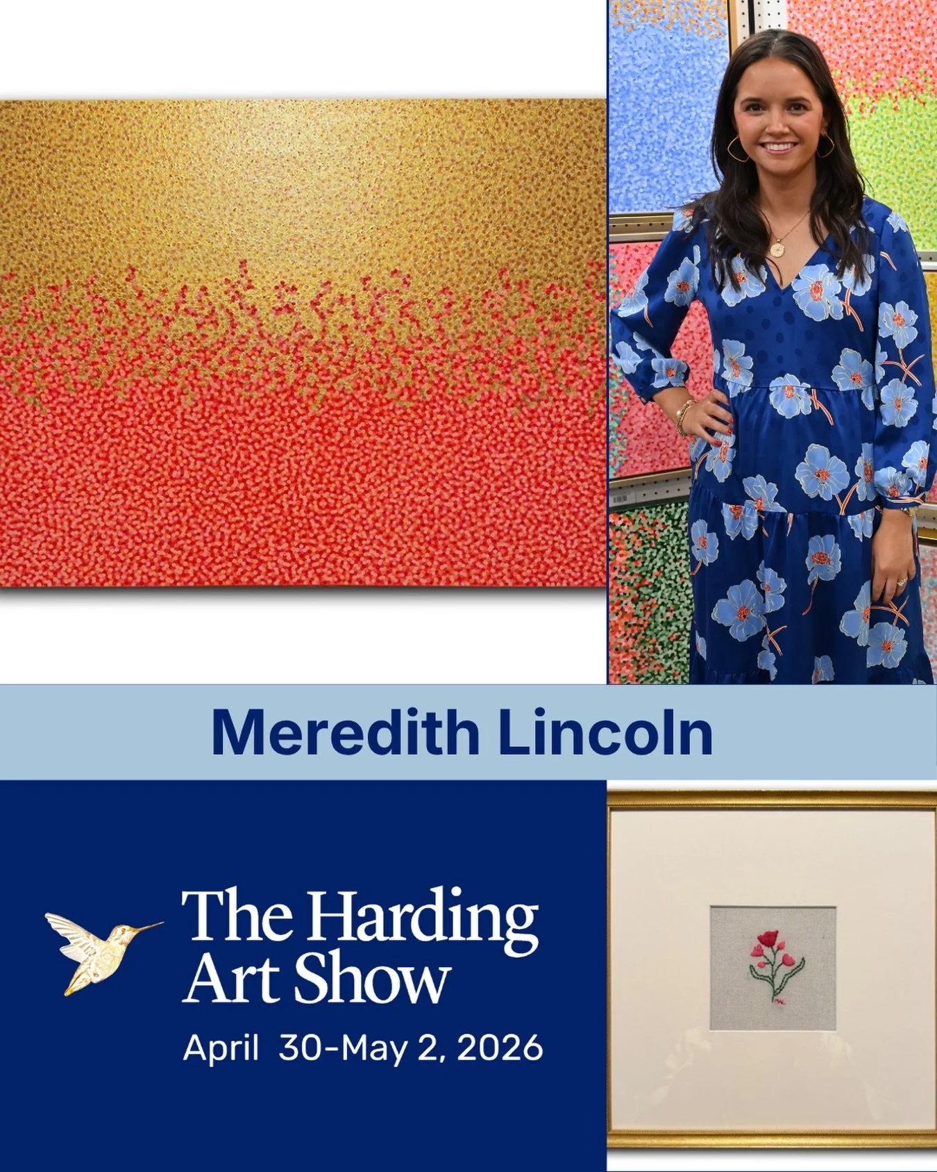 Meredith Lincoln @mwlpaintings is a Nashville-based contemporary artist recognized for her vibrant dot paintings and hand-embroidered textile pieces. Her work blends color, texture, and repetition to create joyful, detail-driven artwork designed to b
