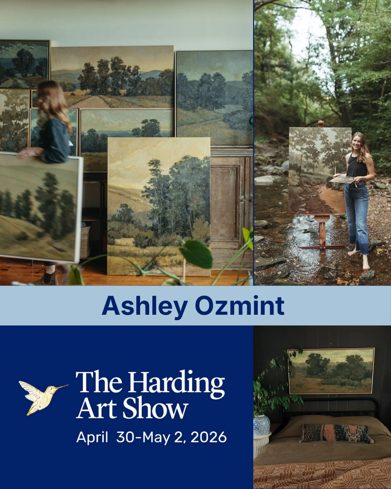 Ashley Ozmint @ashleyozmint.art is known for her oil landscape paintings that celebrate untouched land and views that shape the south. Ashley was born and raised in Columbia, SC and was greatly impacted by Younglife in high school. Ashley graduated f