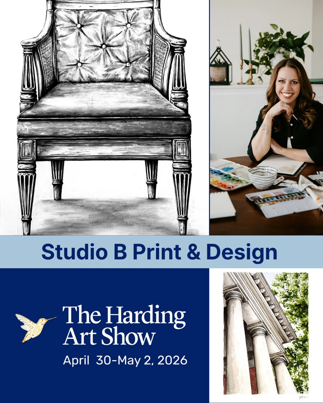 Tyler Bedwell @studiobprintanddesign is a Franklin, TN&ndash;based realism artist working in watercolor, pen, gouache, and charcoal. Her work examines faith, legacy, and structure through carefully observed places and objects.