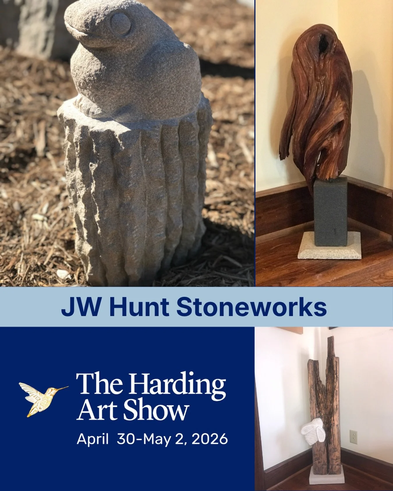 Charlie Hunt is a stone/wood carver. His mediums are limestone, granite, marble and old-growth hardwood. He uses stone mallets, chisels, hydraulic tools and some sandblasting. His process is rooted in the natural form of each piece. He lets the shape