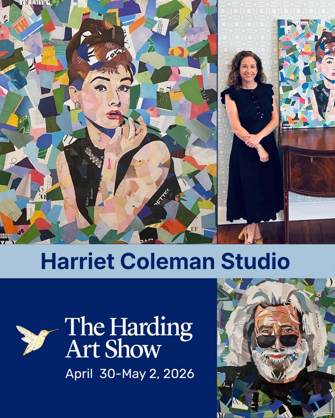 Harriet @harrietcolemanstudio was trained as a portrait artist using paint, charcoal and pencil.  She branched into paper collage portraits in 2020.  She creates her portraits using magazine clippings.  Her art is characterized by its vibrant colors 