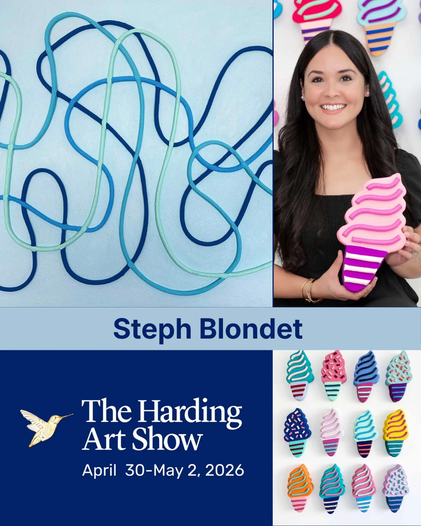 Steph Blondet @stephblondetart is a visual artist based in Tampa Bay, FL, whose work explores movement and tension through sculptural line, texture, and the interplay of light and shadow. Known for her tactile surfaces, intuitive use of color, and di