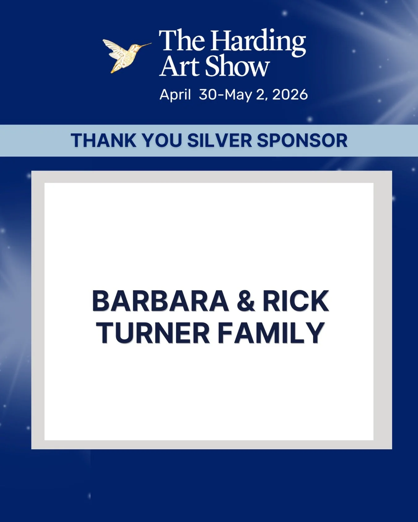 A heartfelt thank you to Barbara and Rick Turner and their family for their continued support of the Harding Art Show. Barbara chaired the HAS  and has been an avid supporter of the show ever since. Thank you to the Turners for all they&rsquo;ve done