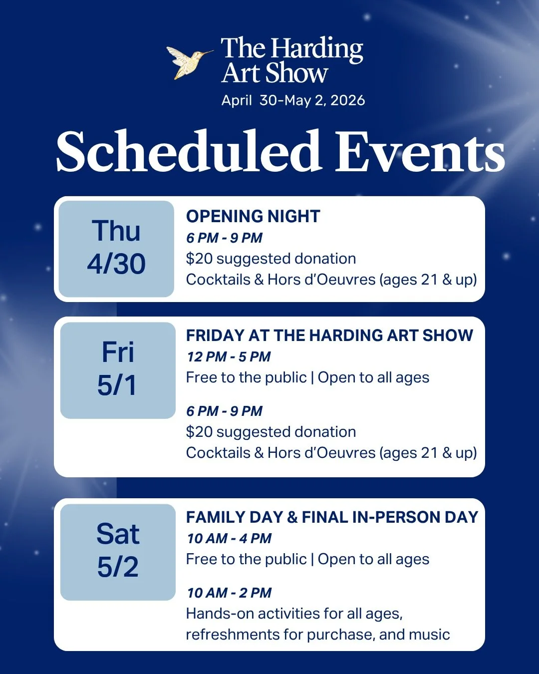 The 2026 Harding Art Show is days away, and we are gearing up for an excellent weekend! Opening night kicks off Thursday with online shopping opening at 10 am Thursday morning. We can&rsquo;t wait to see you there.