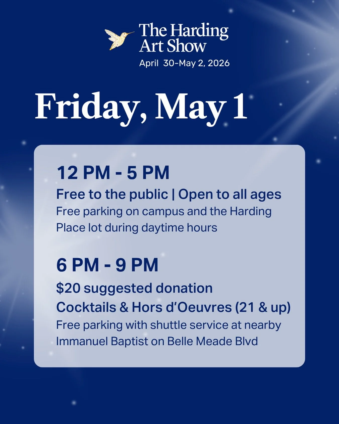 After an amazing opening night, Friday at The Harding Art Show begins at noon. Parking is available on campus (all day), in the Harding Place lot (during daytime hours), or with shuttle service from Immanuel Baptist Church (from 6-9 pm). We look forw