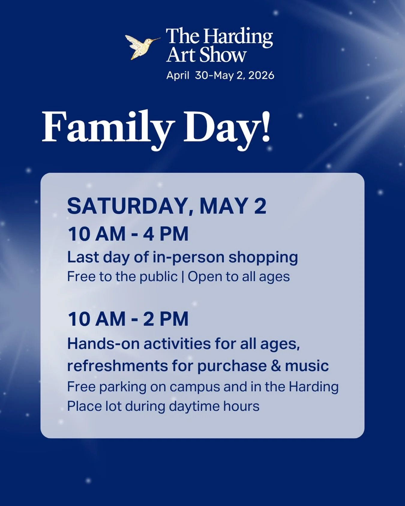 It&rsquo;s Family Day at The Harding Art Show! Join us for hands-on activities, music, and refreshments for purchase for the whole family. And you can shop in person until 4 pm before the show moves exclusively online. Come by and see us on this gorg