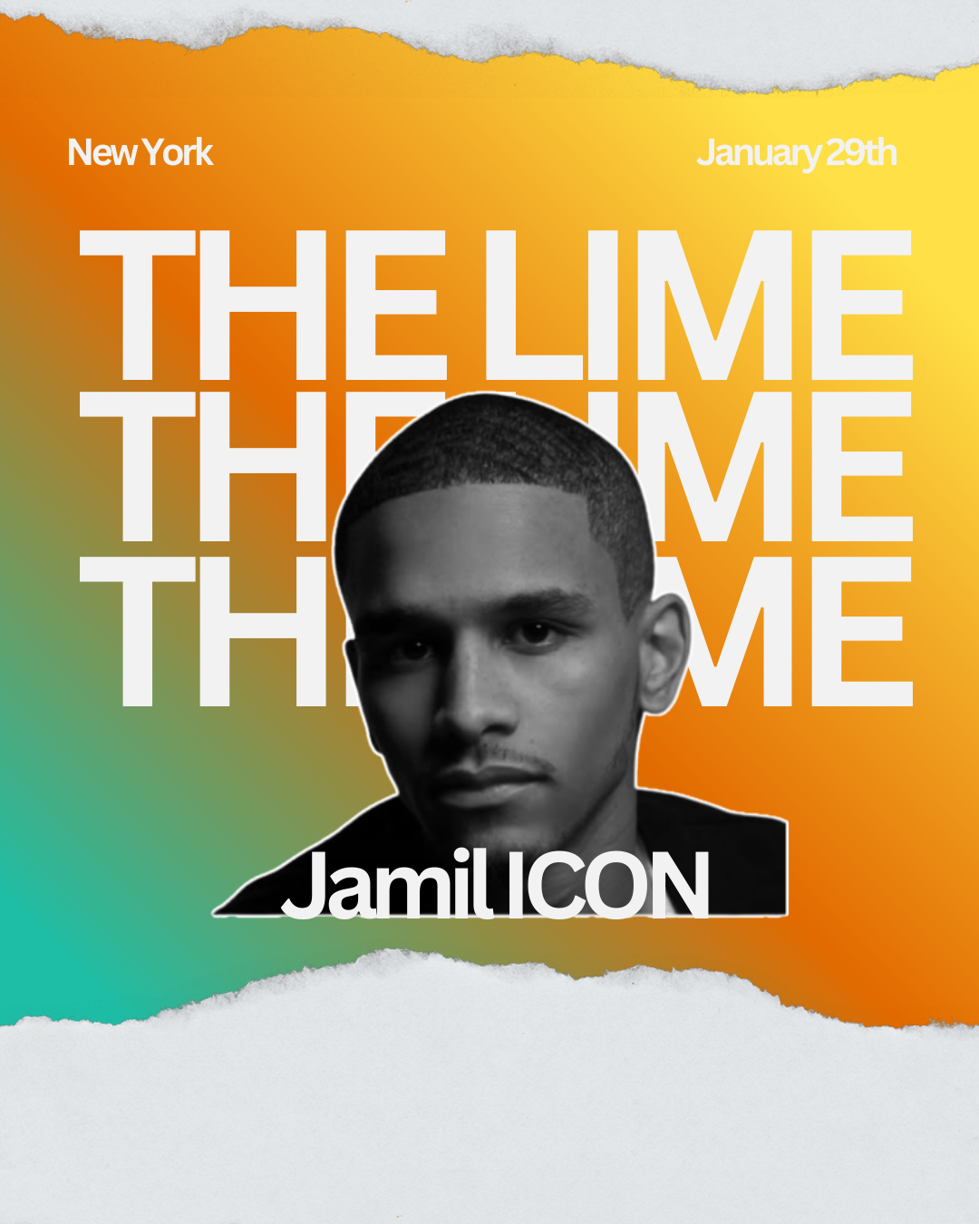 Promotional poster for The Lime event in New York on January 29 featuring a black and white portrait of Jamil ICON against a bold orange, yellow, and green gradient background.