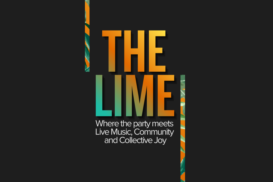 The Lime logo with colorful, patterned vertical stripes on the sides, featuring the text 'The Lime' and the tagline 'Where the party meets, Live Music, Community, and Collective Joy'.