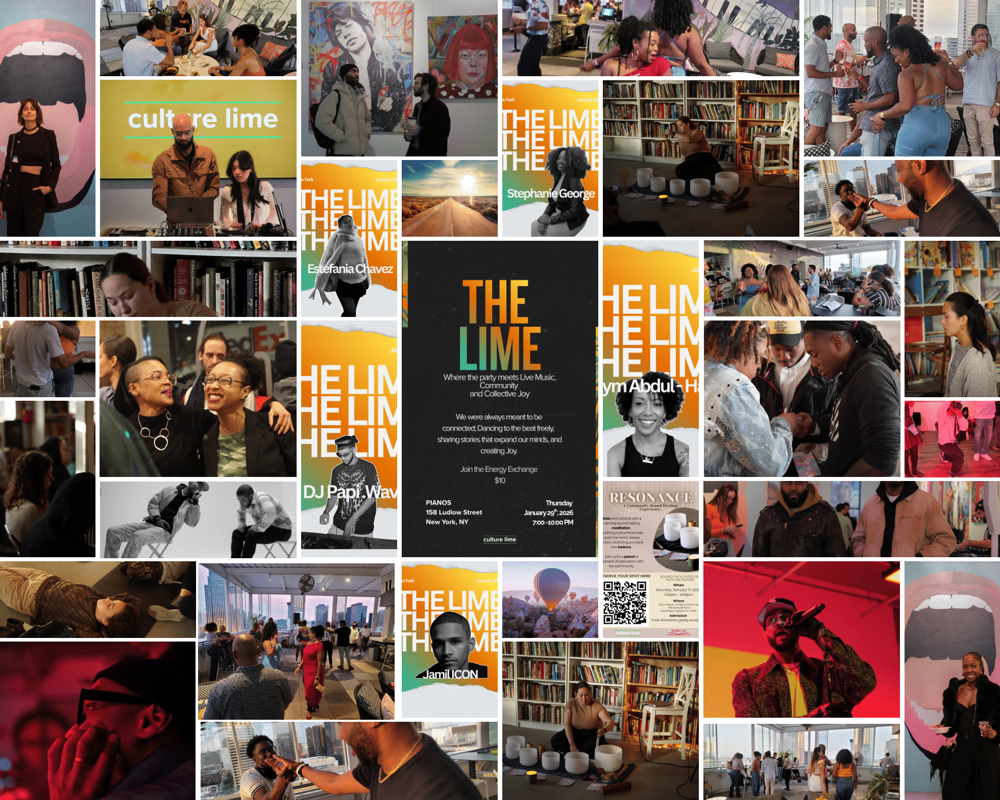 A collage of photos of people at a social event called "The Lime" in New York City, including people dancing, talking, and enjoying music, with posters and artwork in the background.