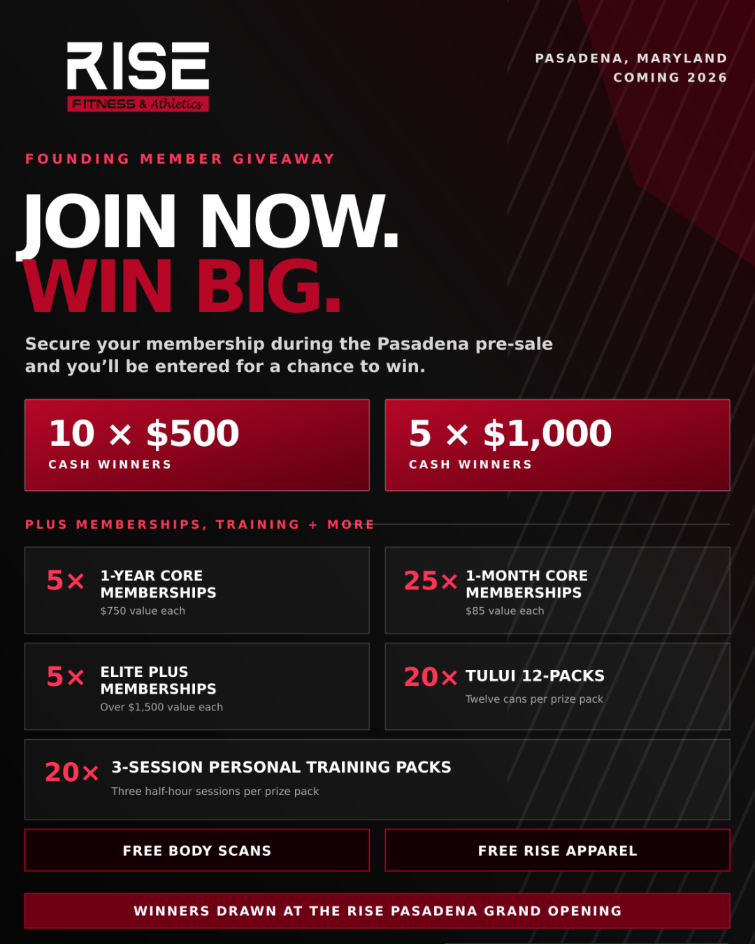 A promotional flyer for Rise Fitness & Athletics in Pasadena, Maryland, announcing a founding member giveaway with chance to win cash prizes, memberships, training packs, free body scans and apparel. The flyer features bold text with details about membership options and prizes.