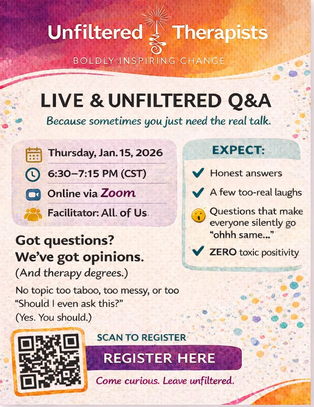 We have already gotten a couple questions and we are so excited for our community unfiltered Q&amp; A! We hope to see you there, it&rsquo;s a chance to be live in community, with people who care who care about how they are showing up in the world.

W