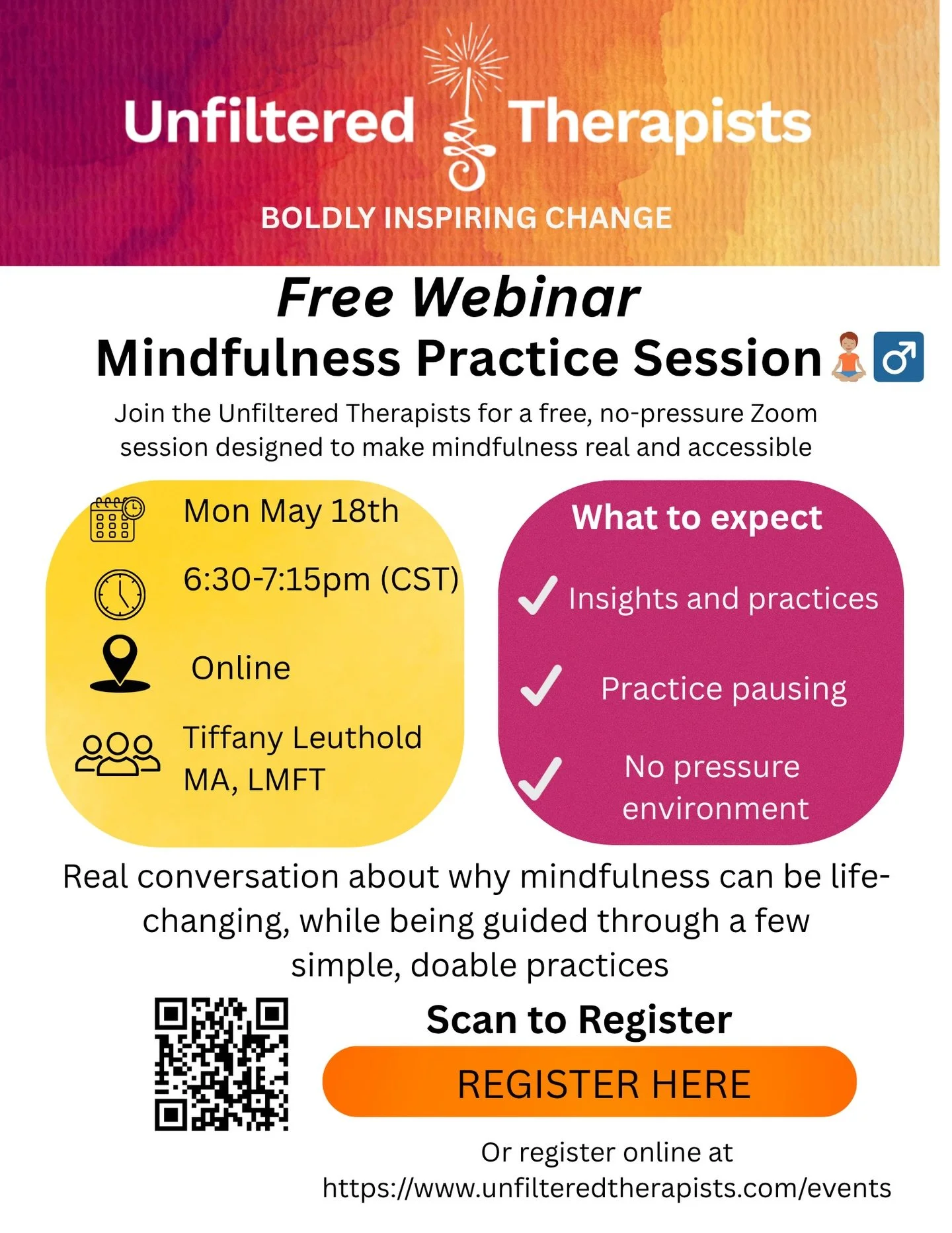 Come join us!!

Mindfulness is great for your emotional health and well being 🧘

We will normalize that it can be hard to incorporate mindfulness in your life. We will also give you time to practice in a comfortable setting with nice people! 

We ho