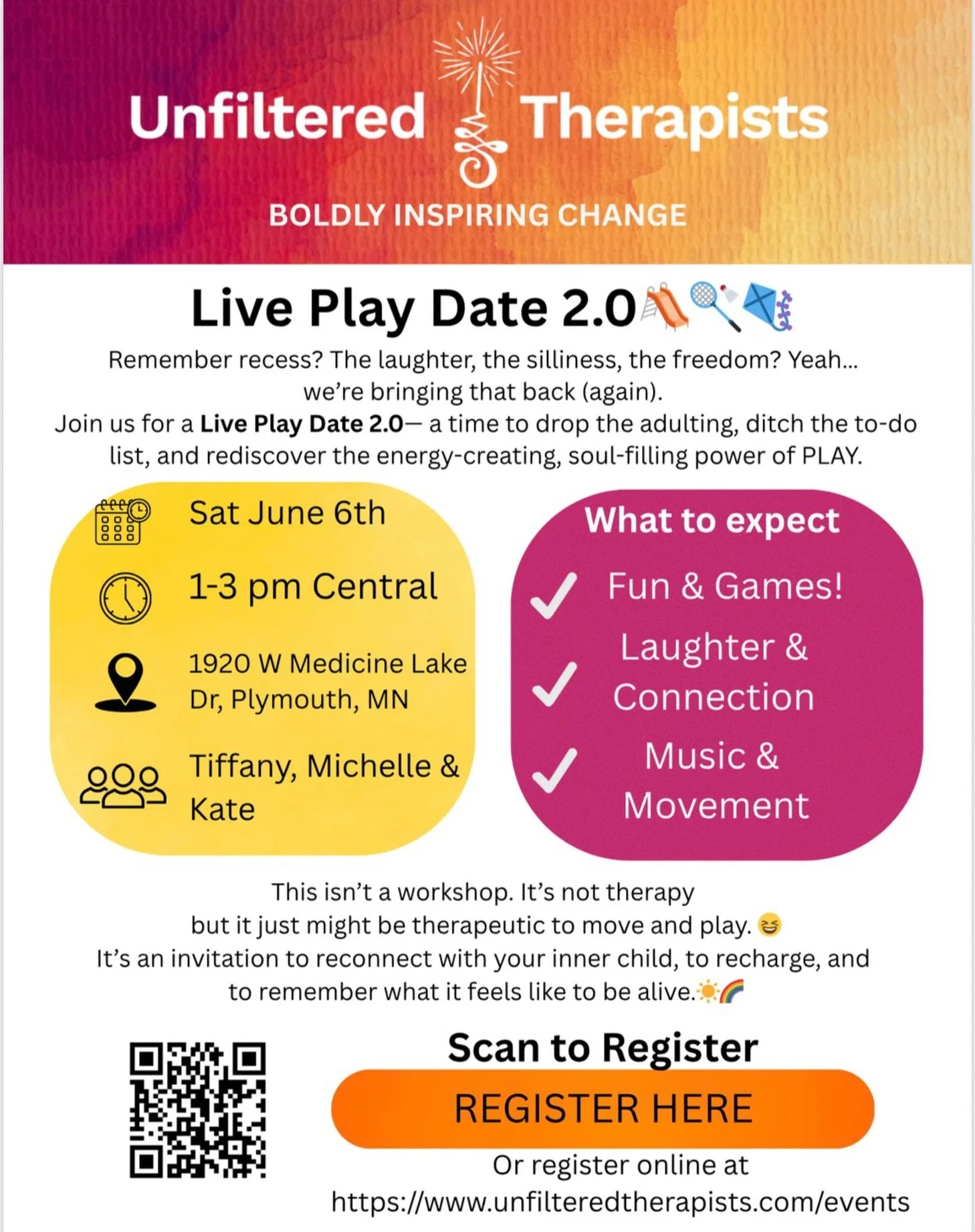 Join us THIS WEEKEND for the Unfiltered Therapist Live Play Date! 🥳

Do you need help unwinding and remembering how to have FUN!?

Come join us for a no pressure, not work afternoon of play, connection, and joy.

This is your invitation to reconnect