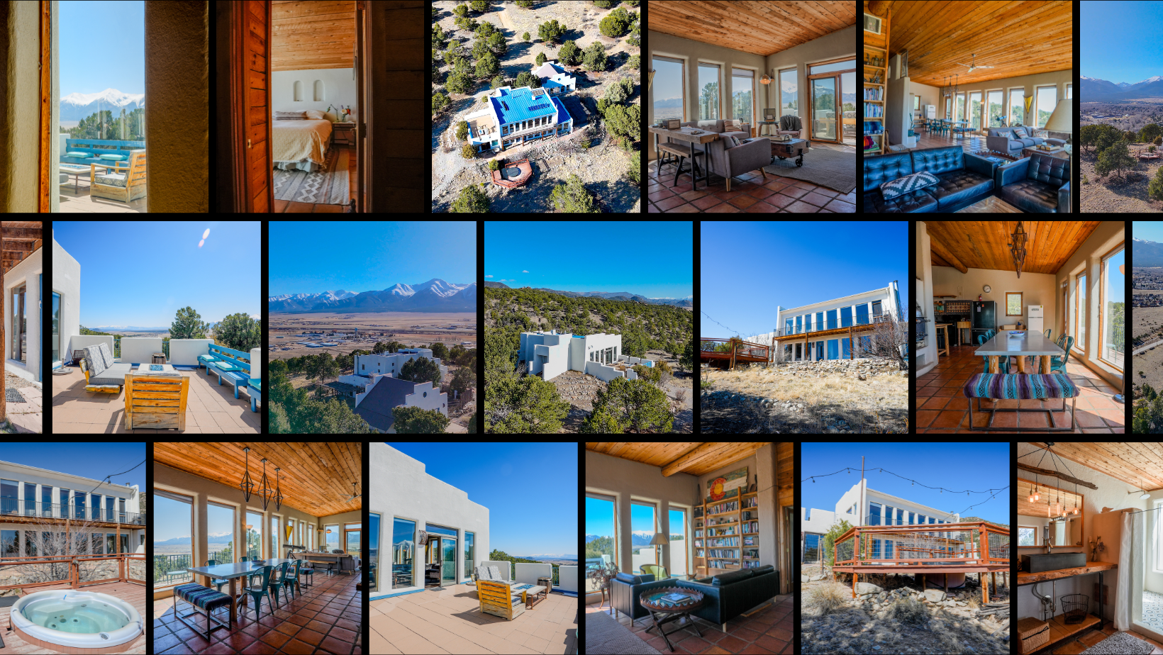 Collage of a modern mountain home with large windows and wooden interiors, surrounded by scenic mountainous landscape. Includes multiple angles of the exterior, spacious living and dining areas, and outdoor seating with scenic views.