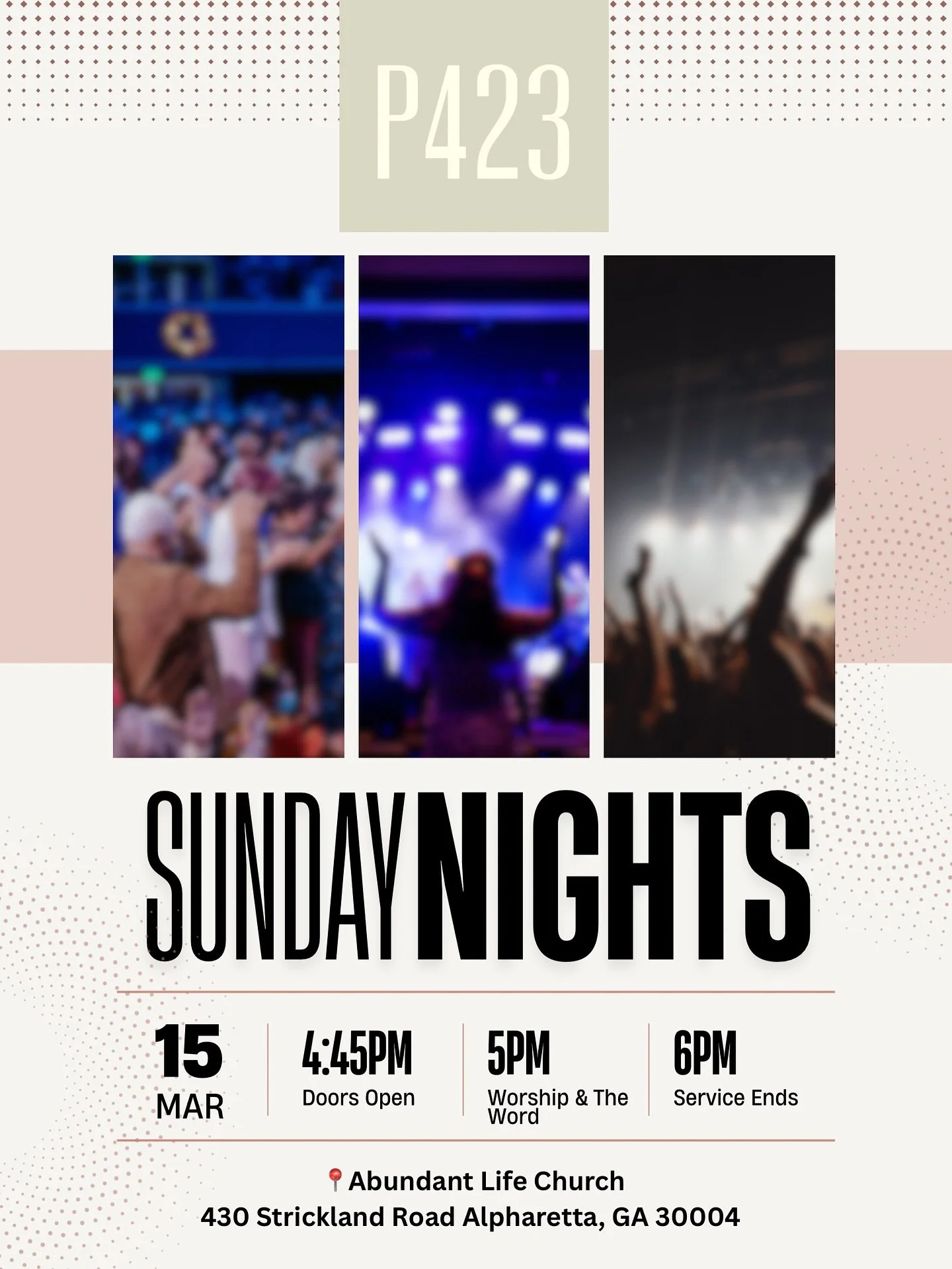 Sunday nights in Alpharetta are about to hit different. 

🔥Worship. The Word. God moving.

🗓 March 15
⏰ Doors 4:45PM | Worship &amp; Message 5PM | Ends 6PM
📍 Abundant Life Church

Come expectant. Bring a friend.

#sundaynights #worshipnights #chur