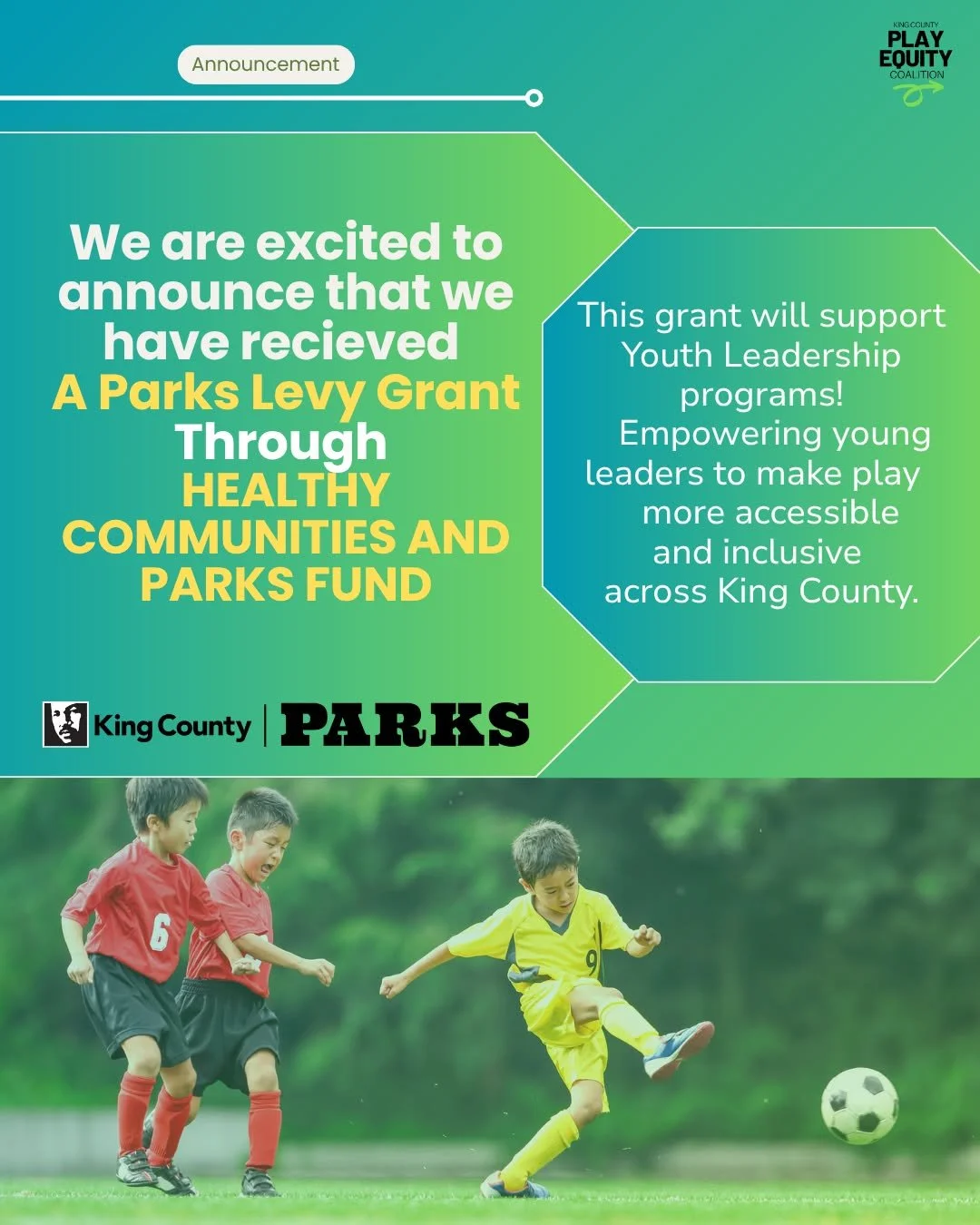 KCPEC has been awarded a Parks Levy Grant from King County Parks through the Healthy Communities and Parks Fund!

This grant will power our Play Equity through Youth-Led Action project &ndash; supporting young leaders design and lead initiatives that