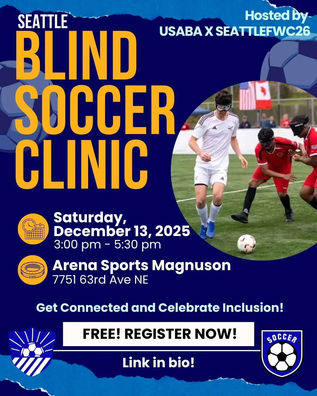 ⚽ Join us for a free Blind Soccer Clinic, Info Session &amp; Press Moment with USABA &times; SeattleFWC26!
Try hands-on drills, learn adapted coaching/officiating techniques, and hear major updates&mdash;including Seattle&rsquo;s designation as the P