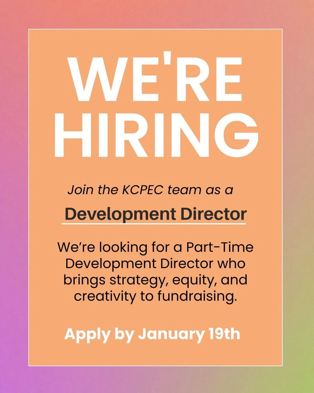 To apply, click on the application link in our bio. More details below: 
Submit the following three items by email to hiring@kcplayequity.org by January 19th, 2026. 
 - Resume
 - Three references with names, phone numbers, and email addresses.
 - A b