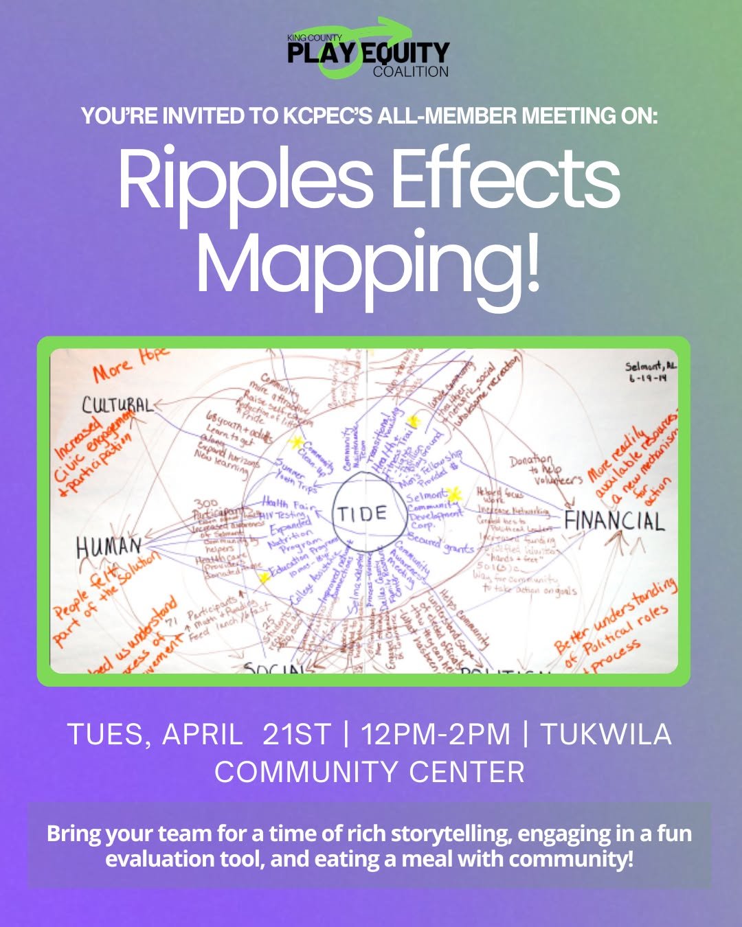 Join us on April 21 from 12-2pm at the Tukwila Community Center for a special Coalition meeting where we&rsquo;ll reflect on seven years of advancing play equity together.

We will be using and sharing a unique, community-centered evaluation techniqu