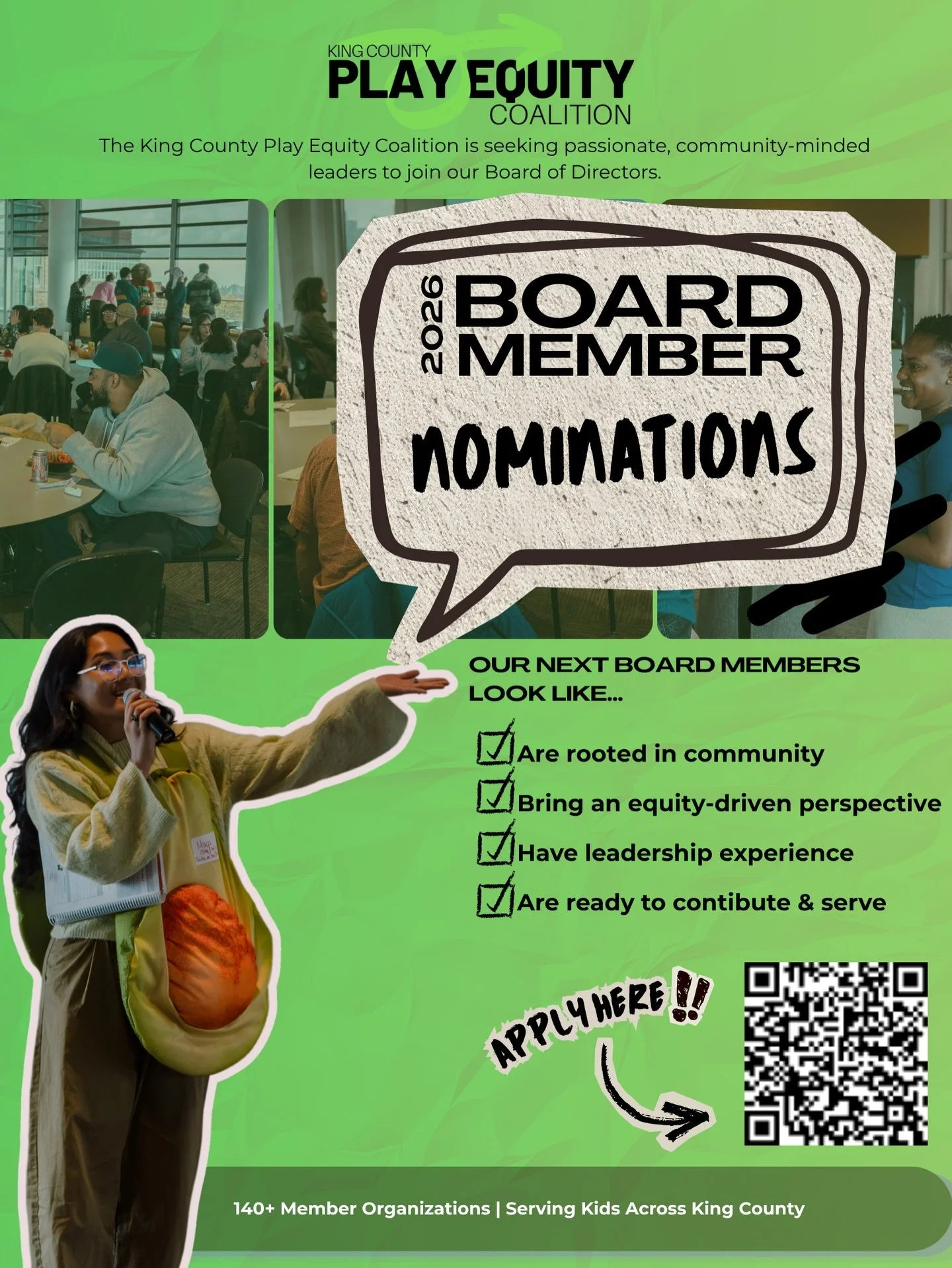 Our next Board Member is out there &mdash; and it might be you (or someone you know)💚&nbsp;

The King County Play Equity Coalition is looking for passionate leaders with community roots, an equity mindset, and a heart for kids.&nbsp;

Nominations ar