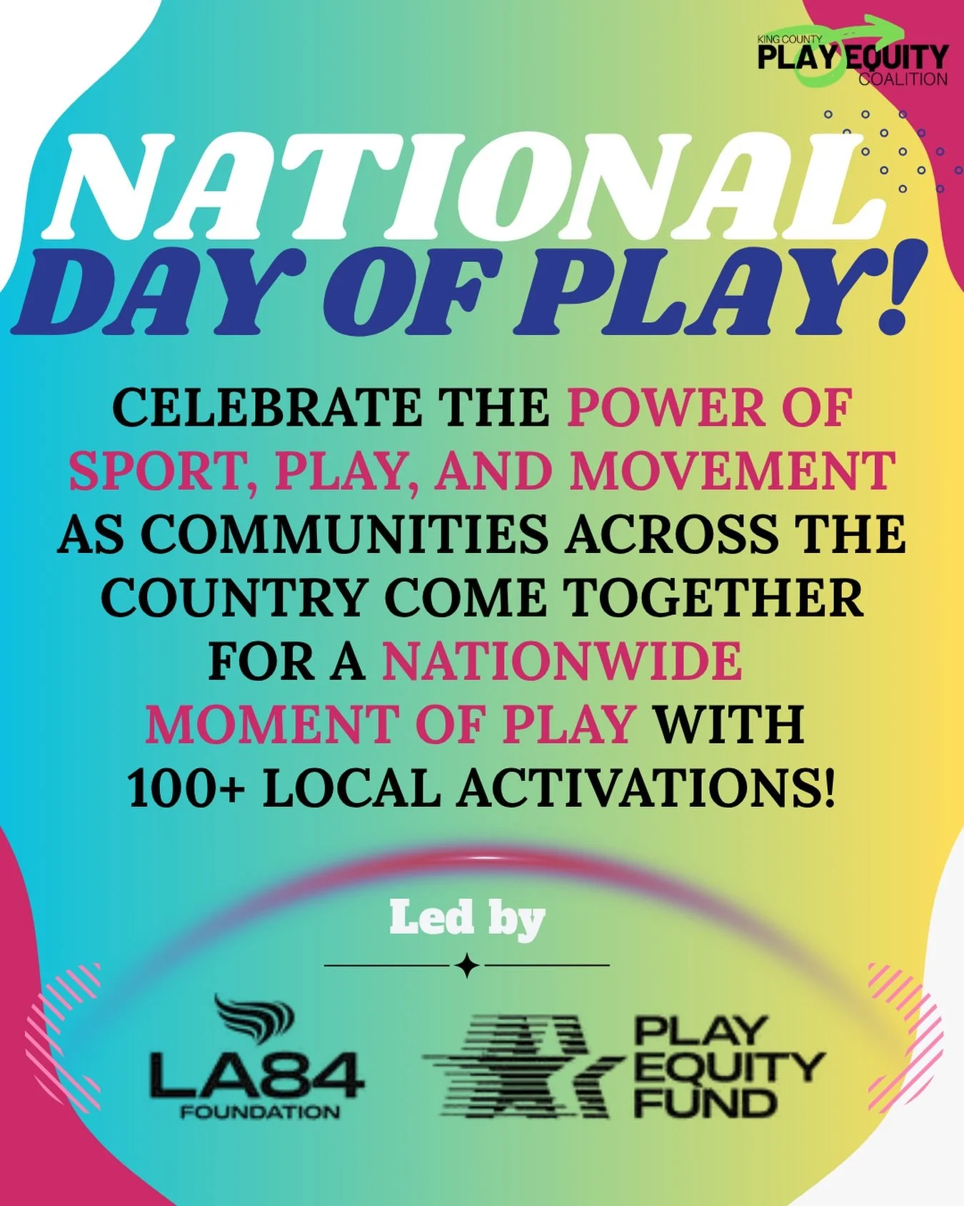 From communities across the country, we&rsquo;d love for you to join the celebration on June 27 and be part of Play Day - a moment to celebrate how sport, play, and movement bring people together!

Each year, LA84 Foundation and the Play Equity Fund 