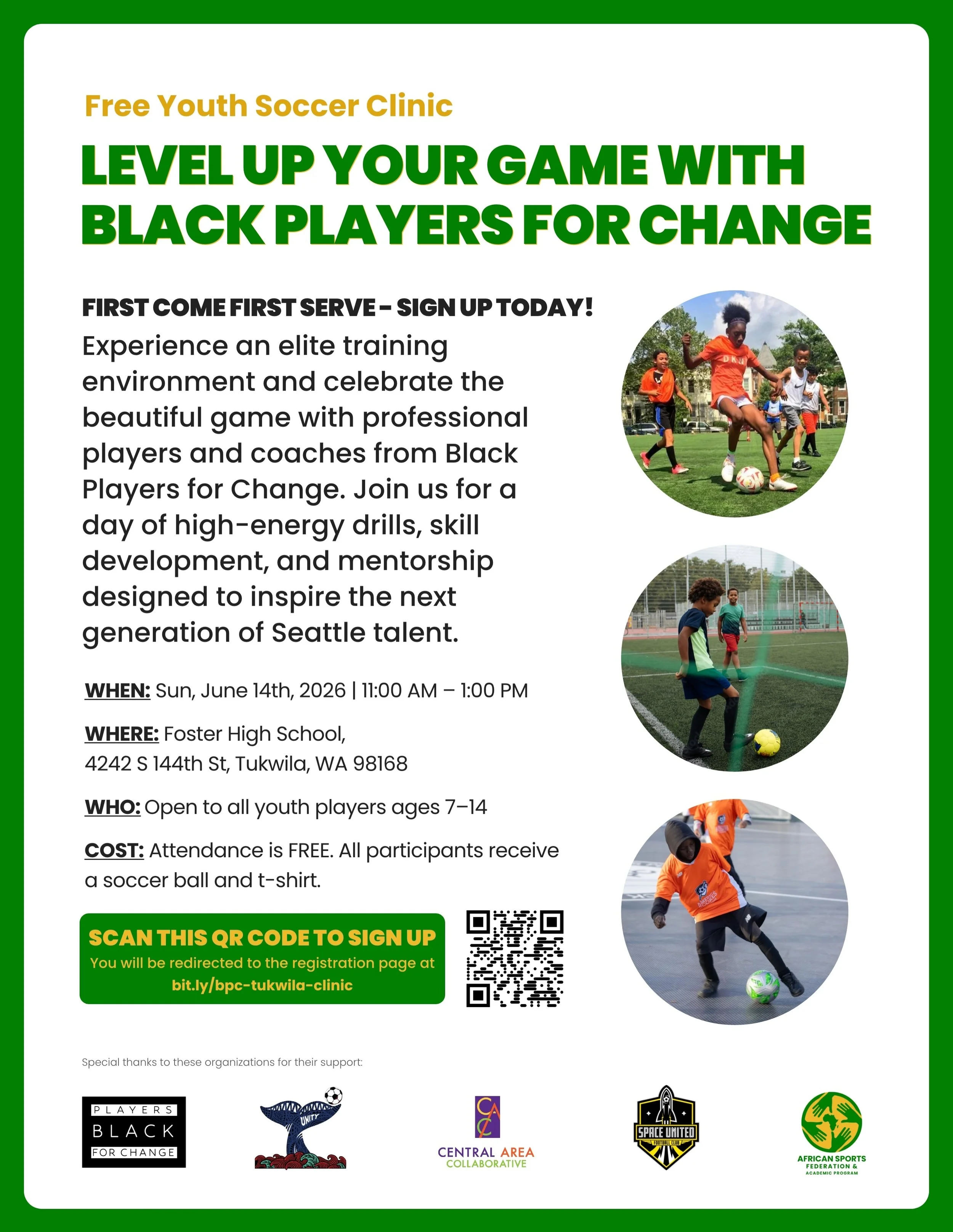 ⚽ FREE youth soccer clinics coming to Seattle &amp; Tukwila!

@bpcmls is bringing professional players, coaches, and real skill development to kids ages 7&ndash;14 &mdash; at no cost.

Every kid leaves with a soccer ball + t-shirt. 🖤🏆

📍 Seattle |