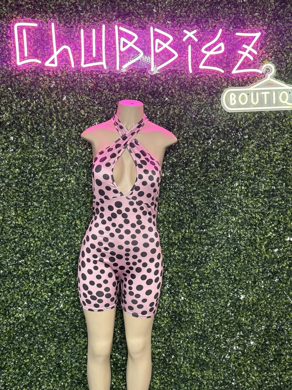 Summer Halter V Neck Polka Dot Print Set Body Suit (Pink)