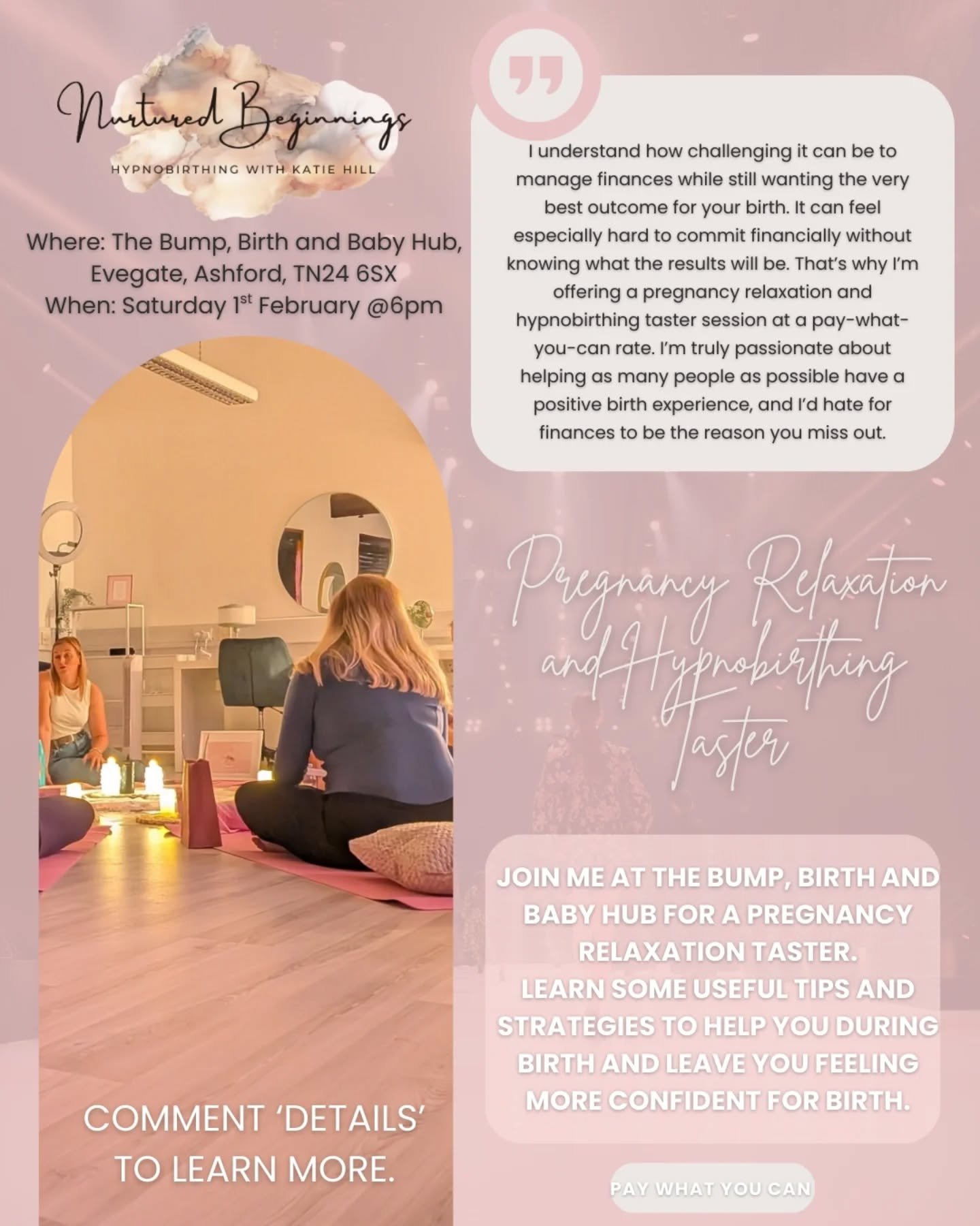 ✨NEW IN PERSON PREGNANCY RELAXATION AND HYPNOBIRTHING TASTER✨

I understand how challenging it can be to manage finances while still wanting the very best outcome for your birth. It can feel especially hard to commit financially without knowing what 