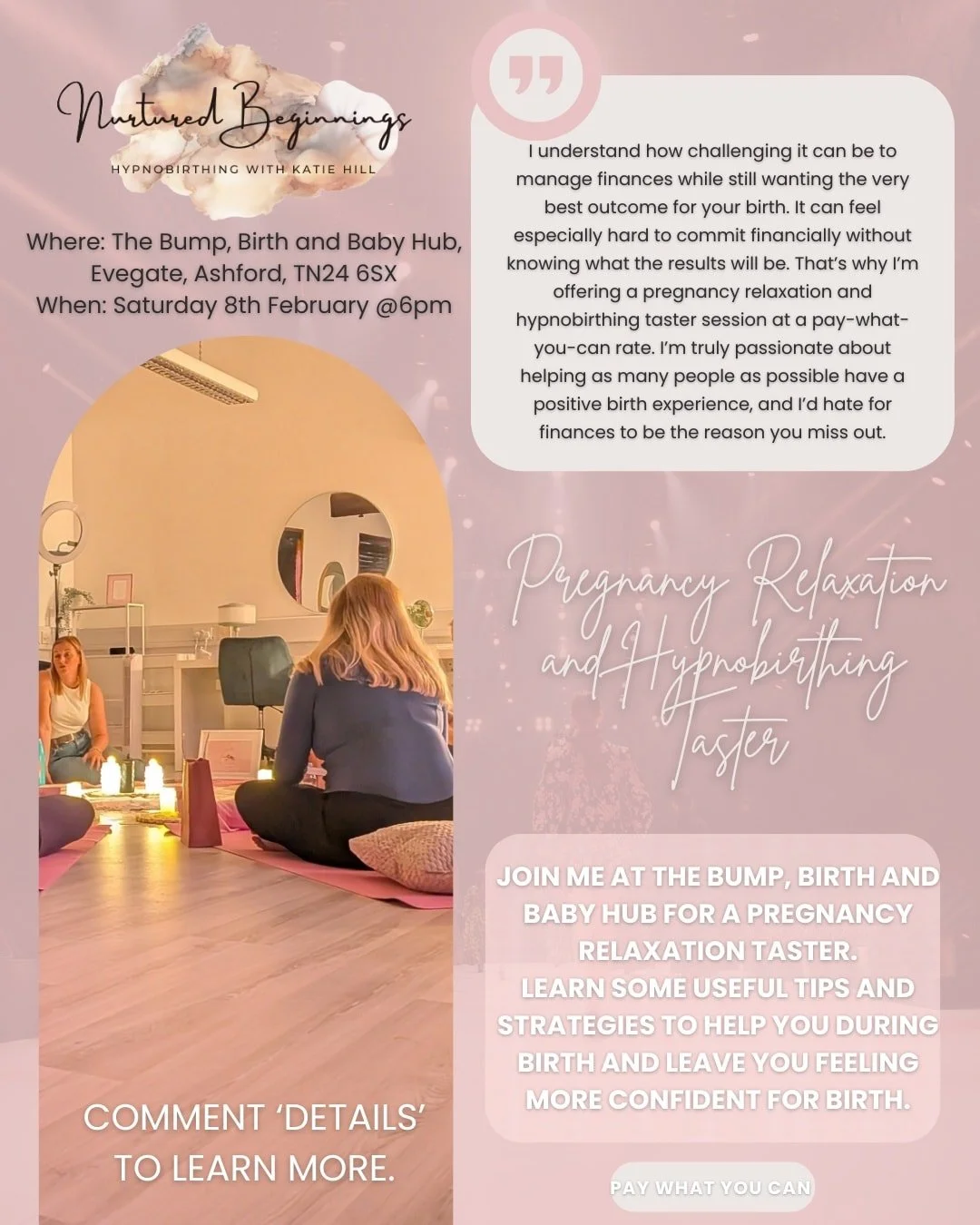 ✨NEW IN PERSON PREGNANCY RELAXATION AND HYPNOBIRTHING TASTER✨

I understand how challenging it can be to manage finances while still wanting the very best outcome for your birth. It can feel especially hard to commit financially without knowing what 