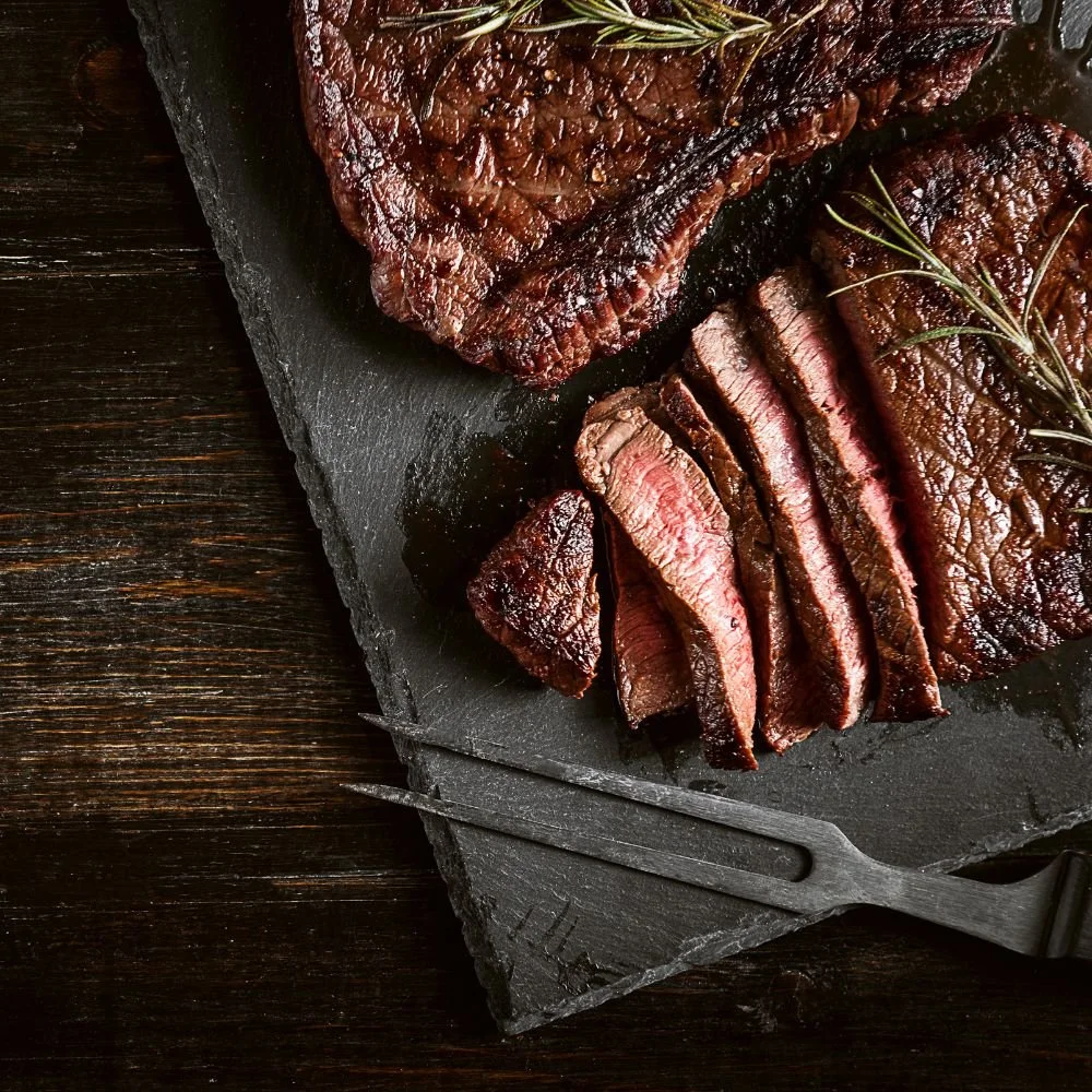 Sliced cooked steak from Dry Creek Pastures ranch-direct beef, northern Utah