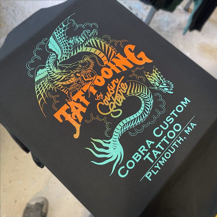 Colorful custom tattoo shop T-shirt