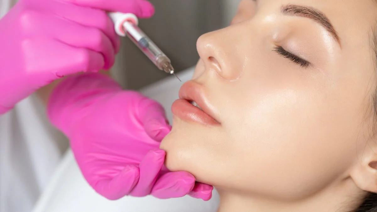 A woman receiving a cosmetic injection in her nose from a professional wearing pink gloves.