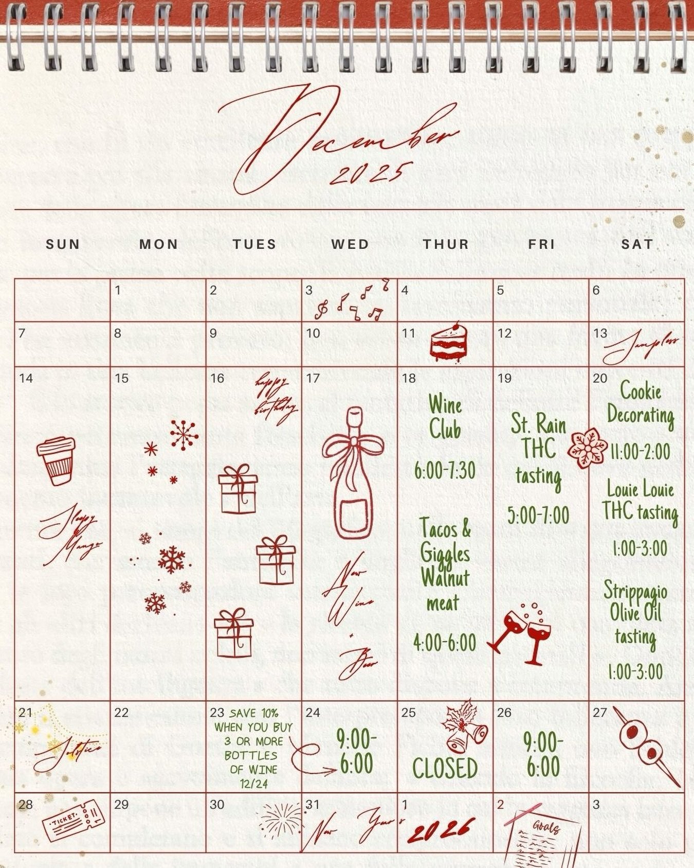 December is flying by, but we&rsquo;ve got plenty in store for you to enjoy! Come see some of your favorites this week and say hello! We&rsquo;ve got a little something for everyone on that shopping list of yours! 

Thursday:
Wine Club (6:00-7:30) Co