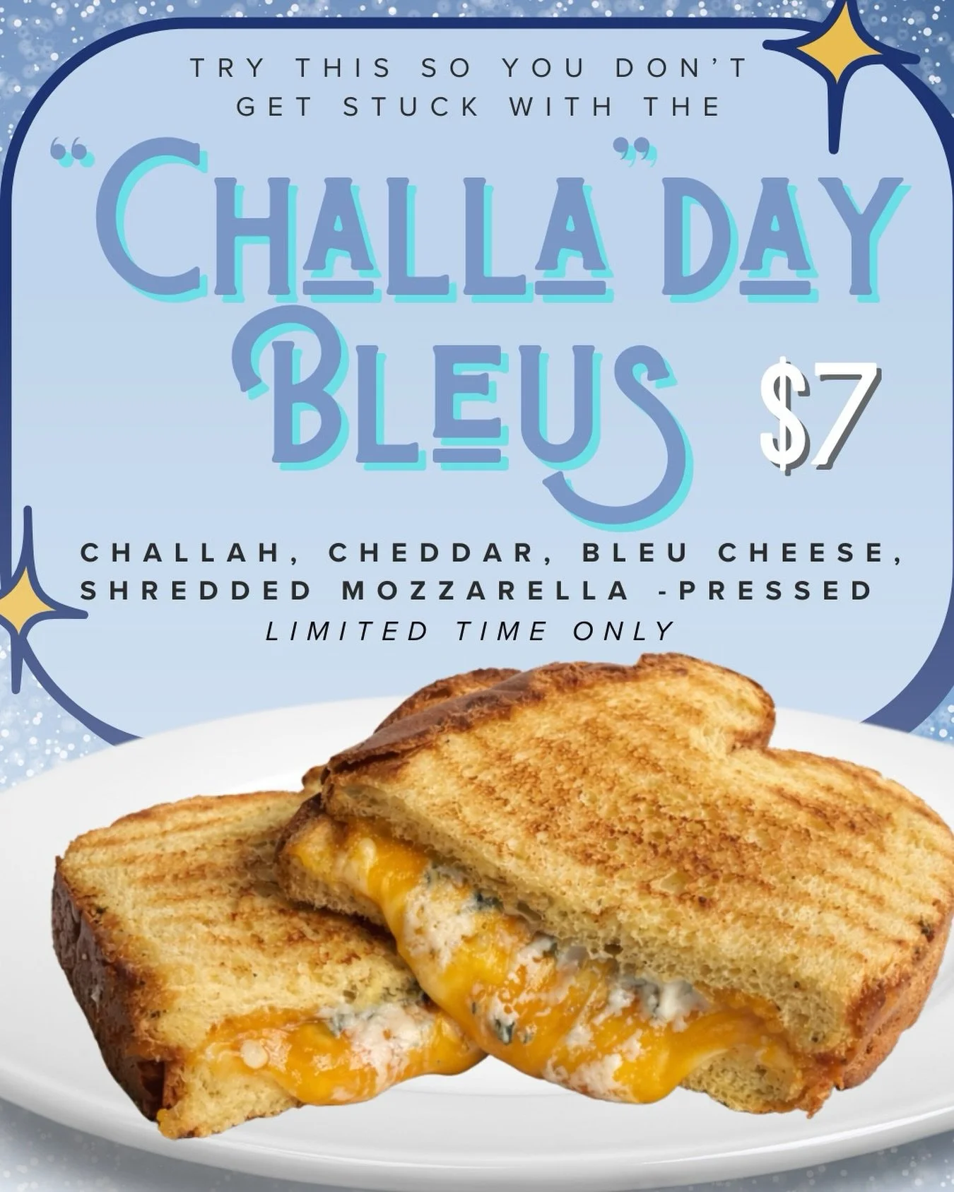 Grab it before it&rsquo;s gone! This melt won&rsquo;t stick around! 

Try our limited time only &ldquo;Challah&rdquo;day Bleus melt with cheddar, bleu cheese, and shredded mozzarella pressed on toasty challah bread. 

#shopsmall #shoplocal #shopkelly