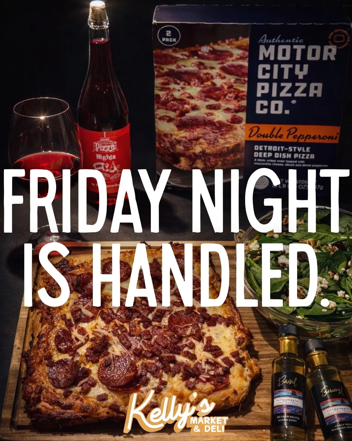 ✔️Pizza in the oven.
✔️Wine on the counter. 
✔️Salad to make it feel responsible. 

Grab everything you need for the easiest (and best) night of the week right here at your neighborhood market. 
- - - - -
We&rsquo;re loving @fieldrecordingswine Pizza