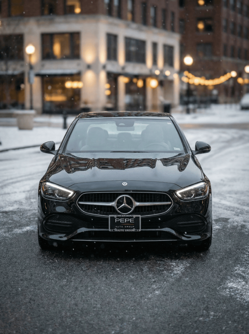 Black mercedes-benz c 300 from buckeye transportation solutions in downtown columbus during the winter time