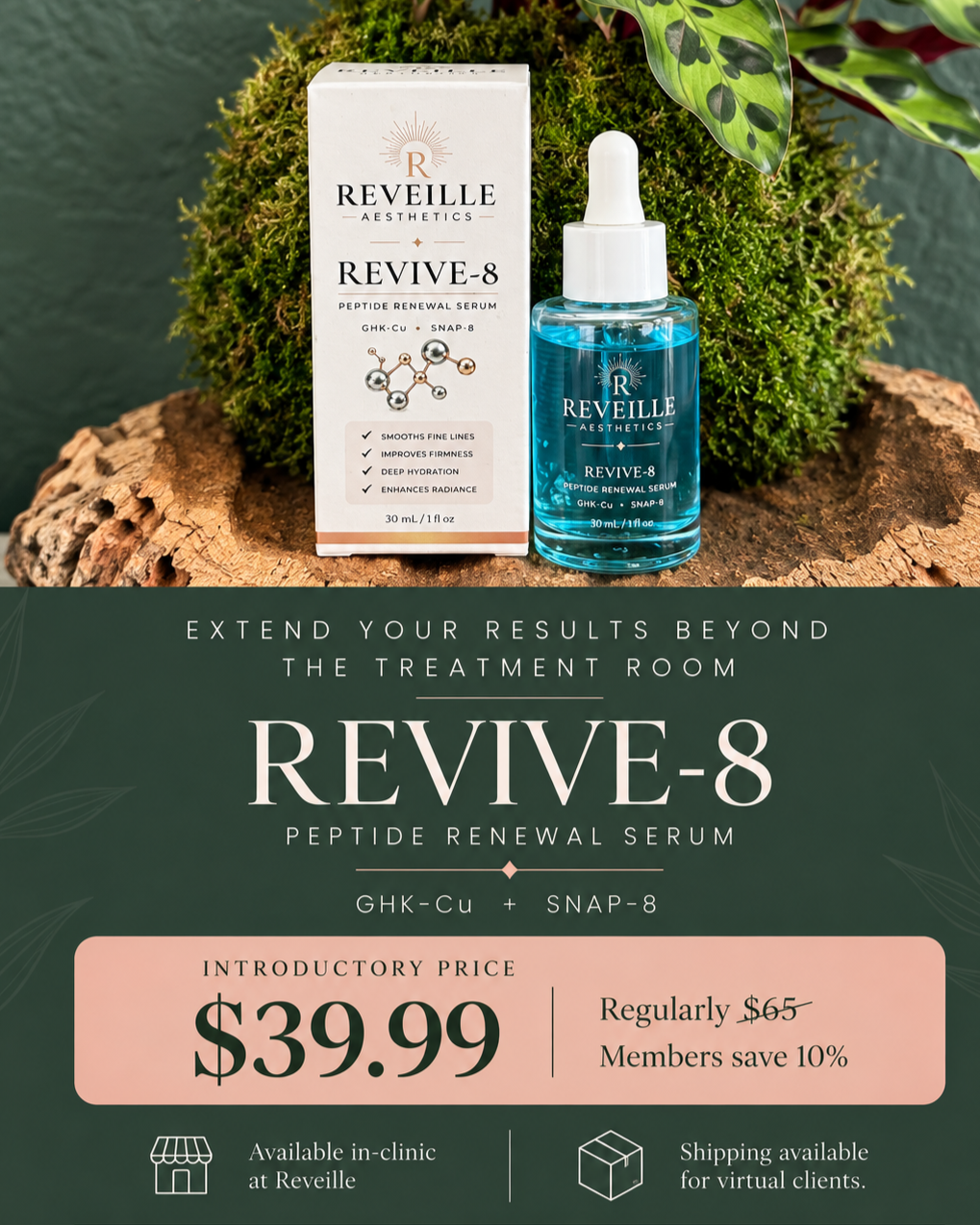 Reveille REVIVE-8 Peptide Renewal Serum with GHK-Cu and SNAP-8, available at Reveille Botox & Beyond in San Antonio, Texas.