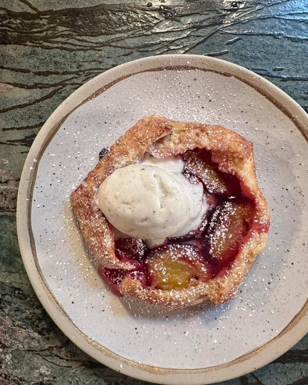 Indulge tonight with our Plum Galette featuring @mickklugfarms Italian plums!

A free form individual pie with all butter crust and topped with vanilla gelato. Perfect for sharing!

On special this weekend while supplies last.

Open tonight until 10p