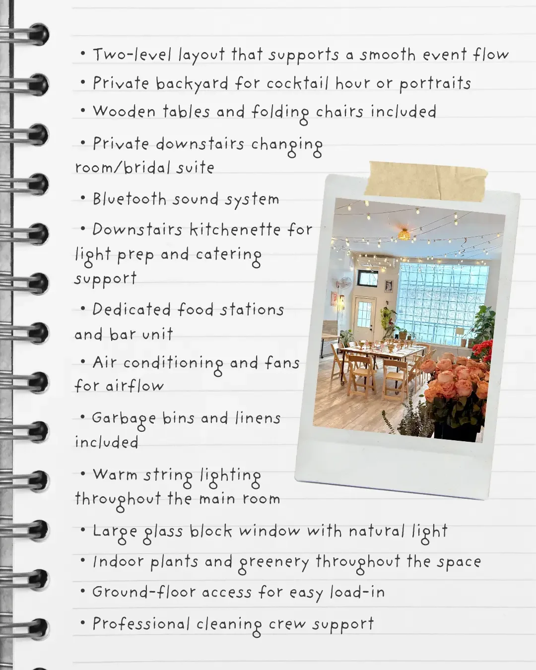 Bat Haus Brooklyn event space features including two-level layout, private backyard, bridal suite, glass block window, wooden tables, string lights, indoor plants, and cleaning support.