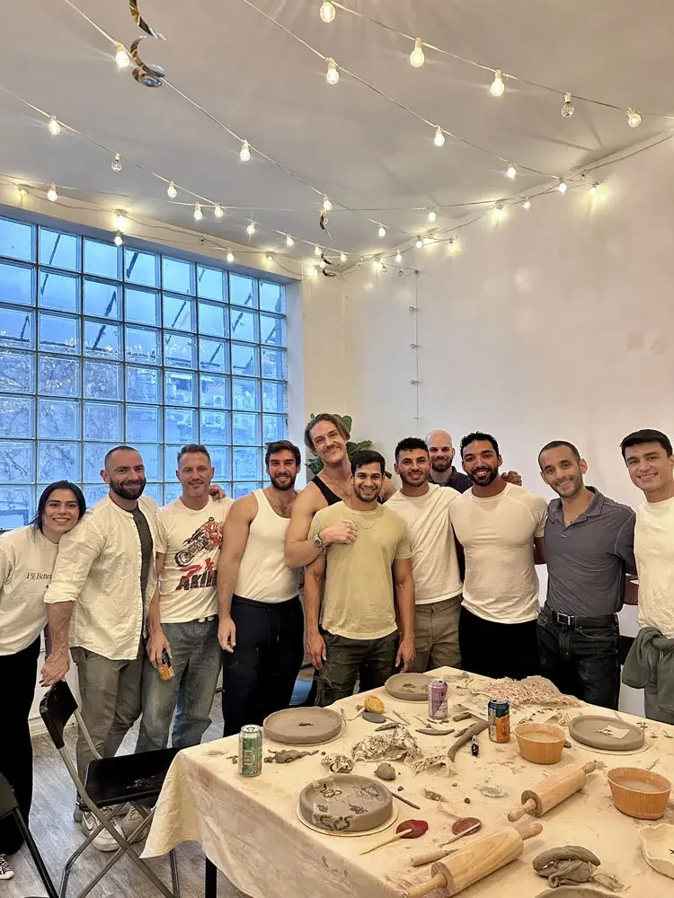 birthday pottery class brooklyn group celebrating Matt’s birthday while making handmade ceramics during a private pottery workshop at Bat Haus