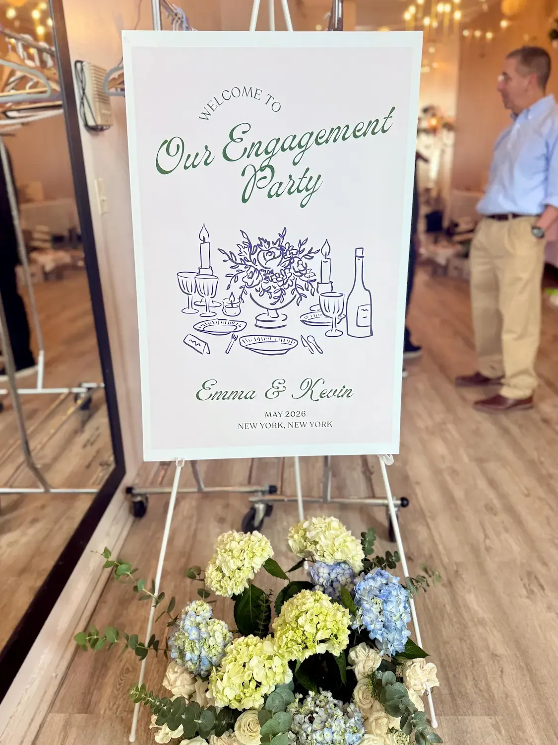 A custom 'Our Engagement Party' welcome sign at Bat Haus, an engagement party venue in Williamsburg, Brooklyn.