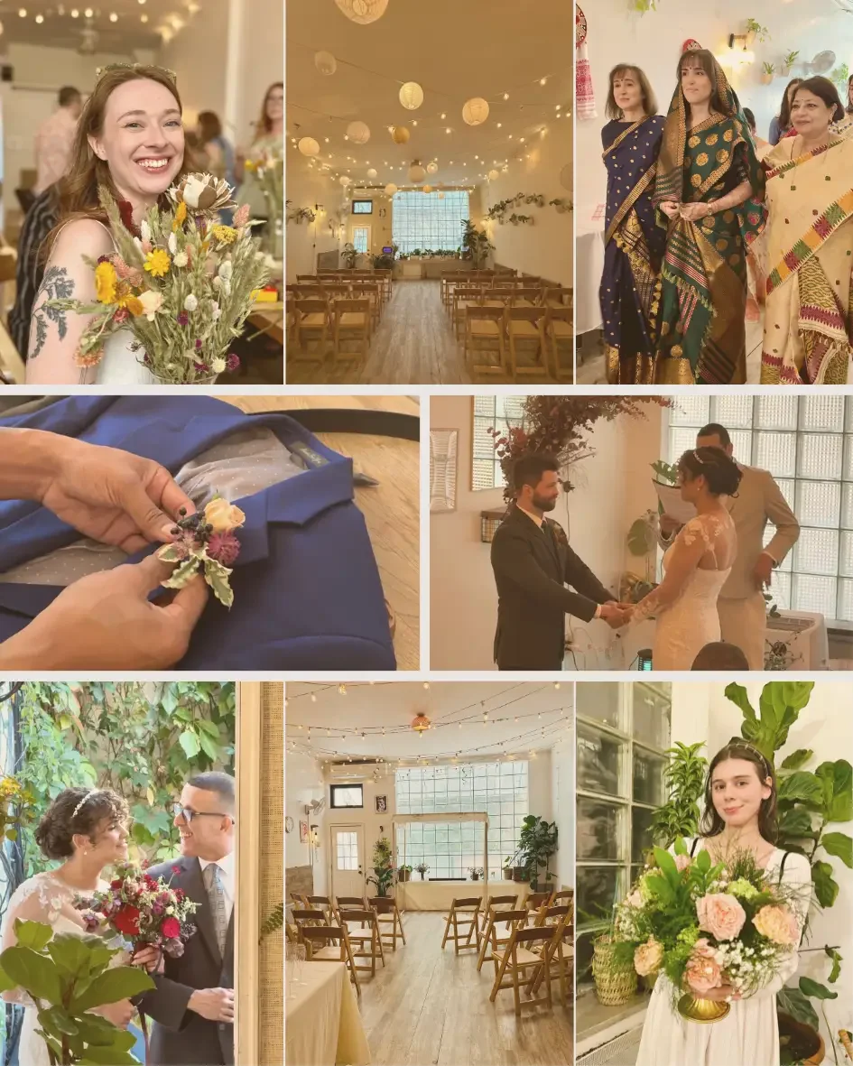 Wedding moments at Bat Haus in Williamsburg, Brooklyn, featuring ceremony setup, cultural celebration, floral details, bride and groom portraits, and intimate indoor reception space.