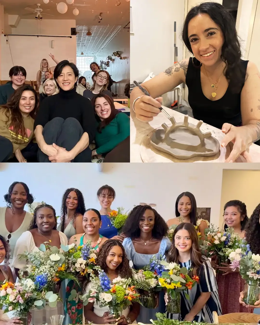In-house experiences at Bat Haus in Brooklyn featuring a group sound bath, hands-on pottery class, and floral workshop for private events and corporate team building.