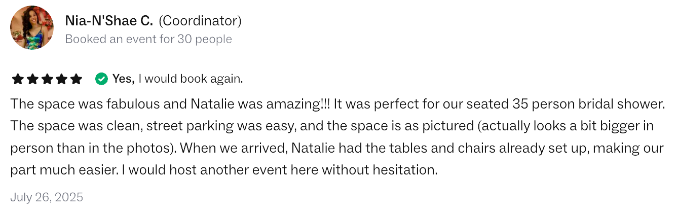 Five star review from bridal shower host at Bat Haus, Brooklyn event space, praising the setup, spacious layout, and seamless planning experience.