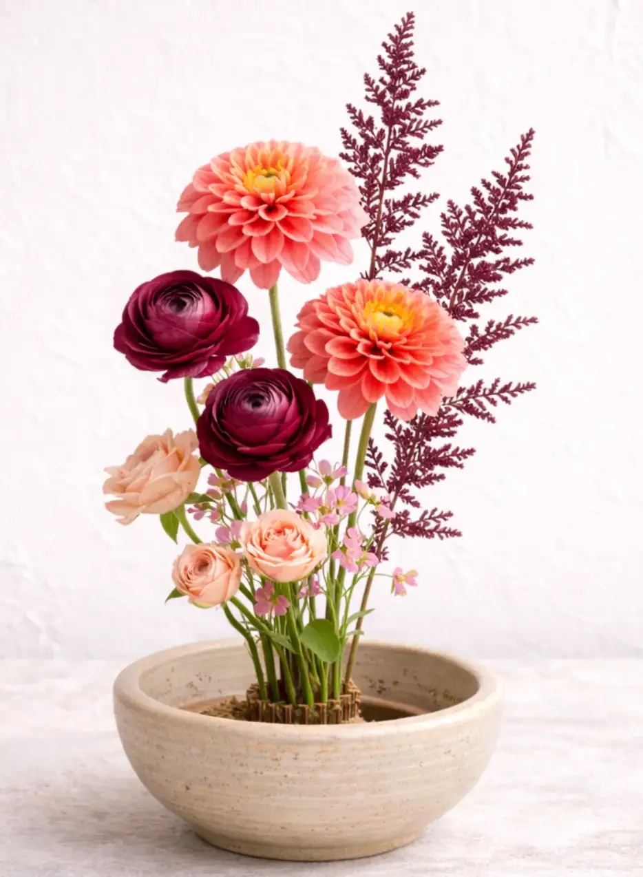 Japanese ikebana floral arrangement with yellow dahlia, lavender roses, blue delphinium, and pink astilbe in a ceramic bowl, included in the Styled event package at Bat Haus in Brooklyn.