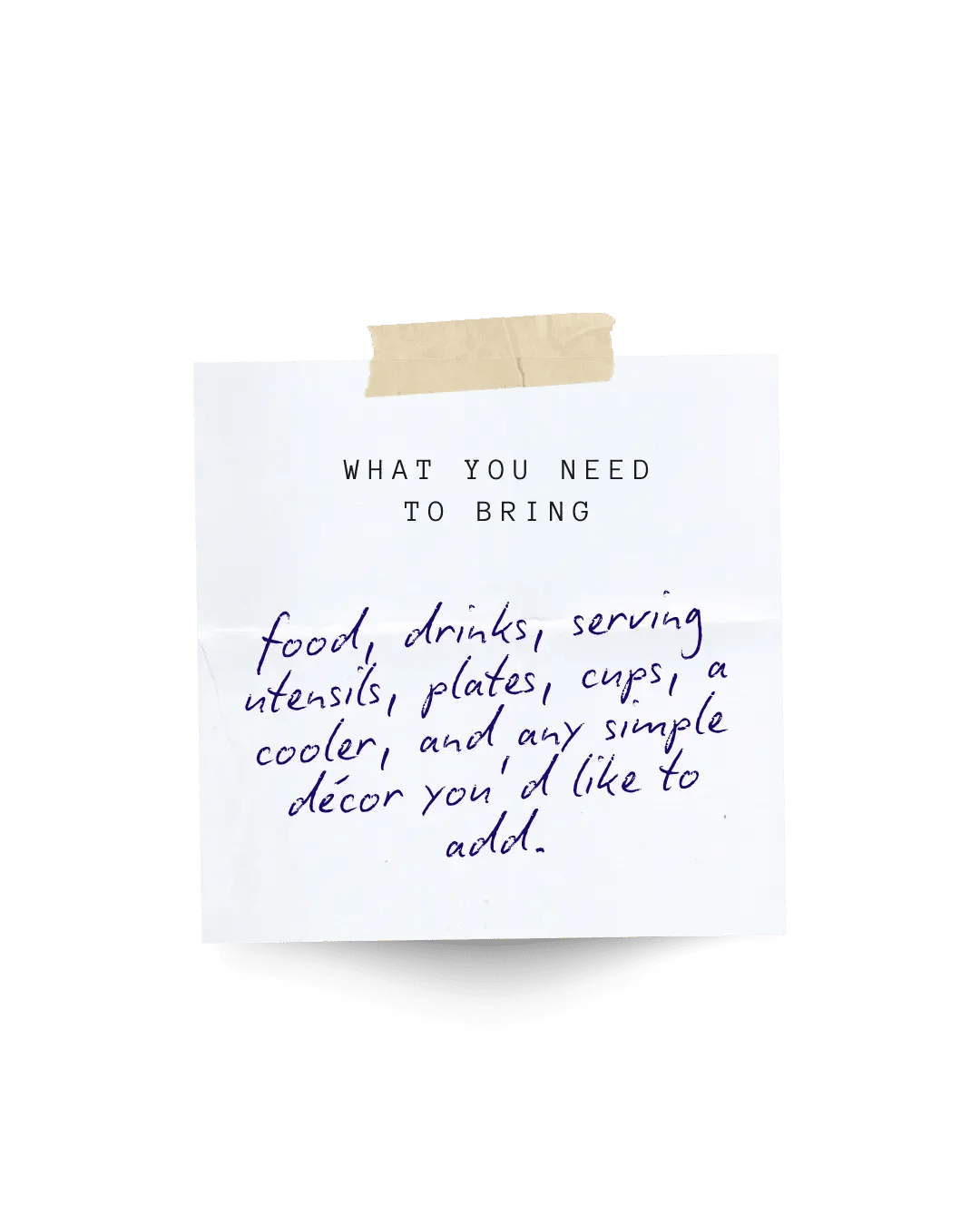 Bat Haus event checklist showing what to bring including food, drinks, serving utensils, plates, cups, cooler, and simple decor for a Brooklyn private event.