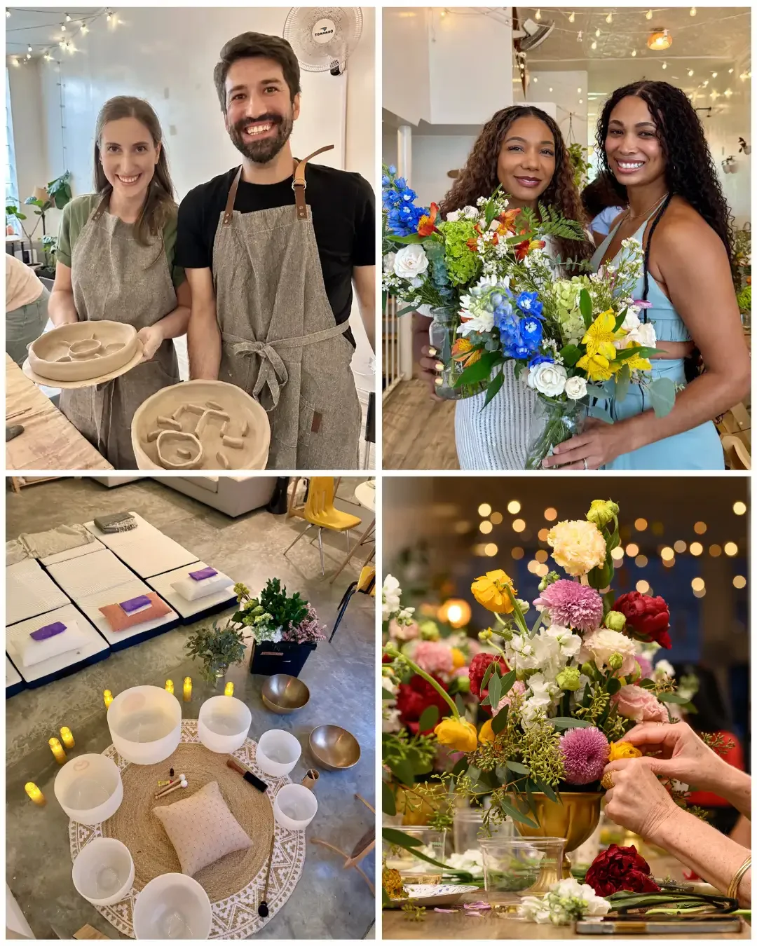 Collage showcasing enhanced experiences at Bat Haus in Brooklyn including hand-building pottery class, floral workshop bouquets, sound bath setup with crystal bowls, and guided floral arrangement session in a Williamsburg event space.