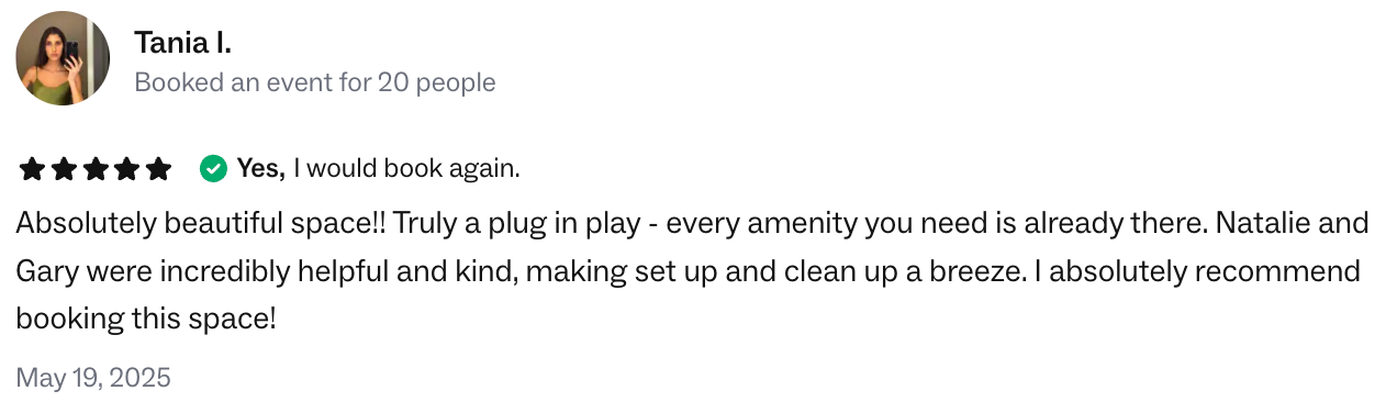 Five star review from private party host for 45 guests at Bat Haus, a Brooklyn event space, noting spacious interior, great lighting, and helpful support.