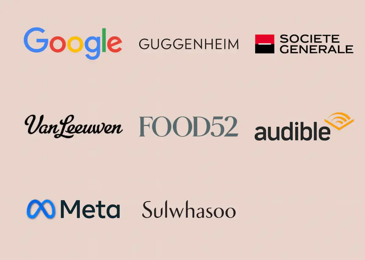 Logos of various companies, including Google, Guggenheim, Societe Generale, Van Leeuwen, Food52, Audible, Meta, and Sulwhasoo, arranged on a light pink background.